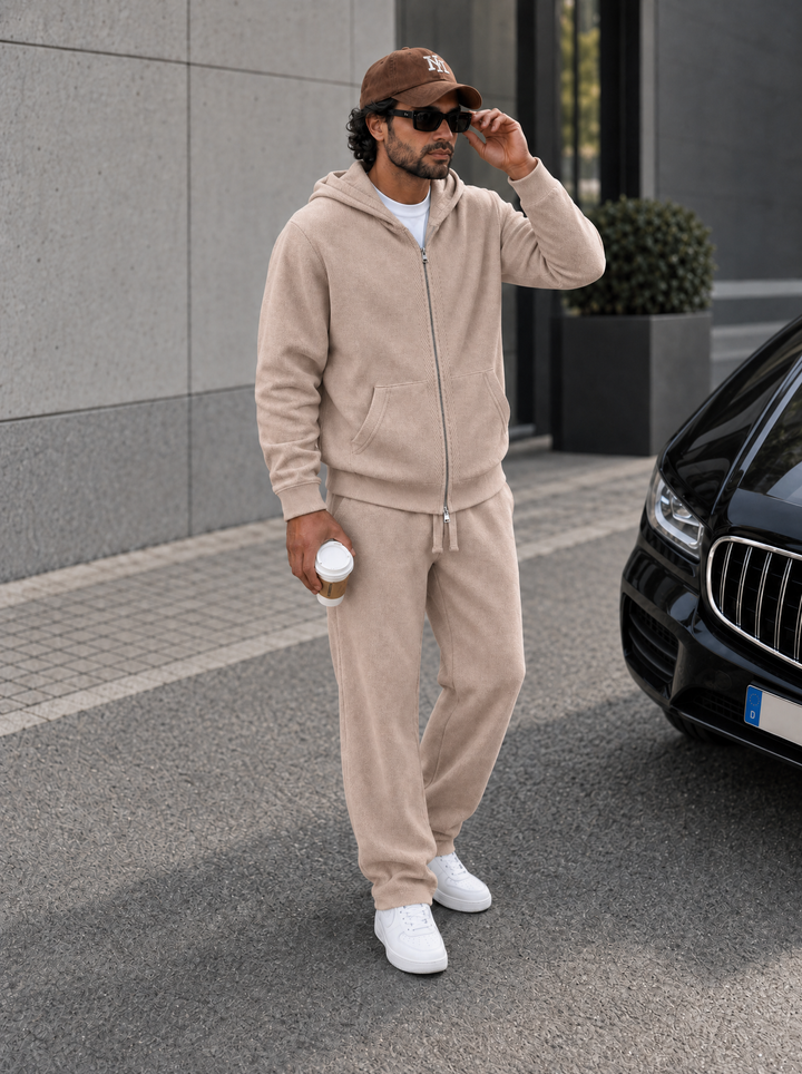 Ensemble Maille Homme Capuche Tricotée Zip Intégral Et Pantalon Droit