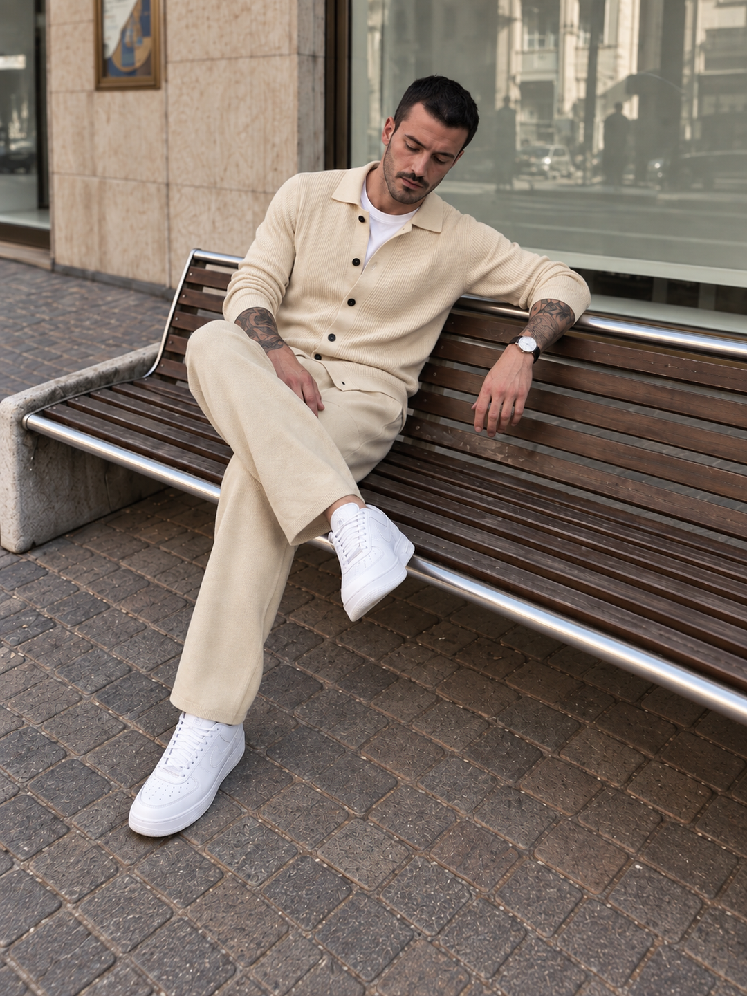 Ensemble Maille Homme Veste Boutonnée Col Côtelé Et Pantalon Droit