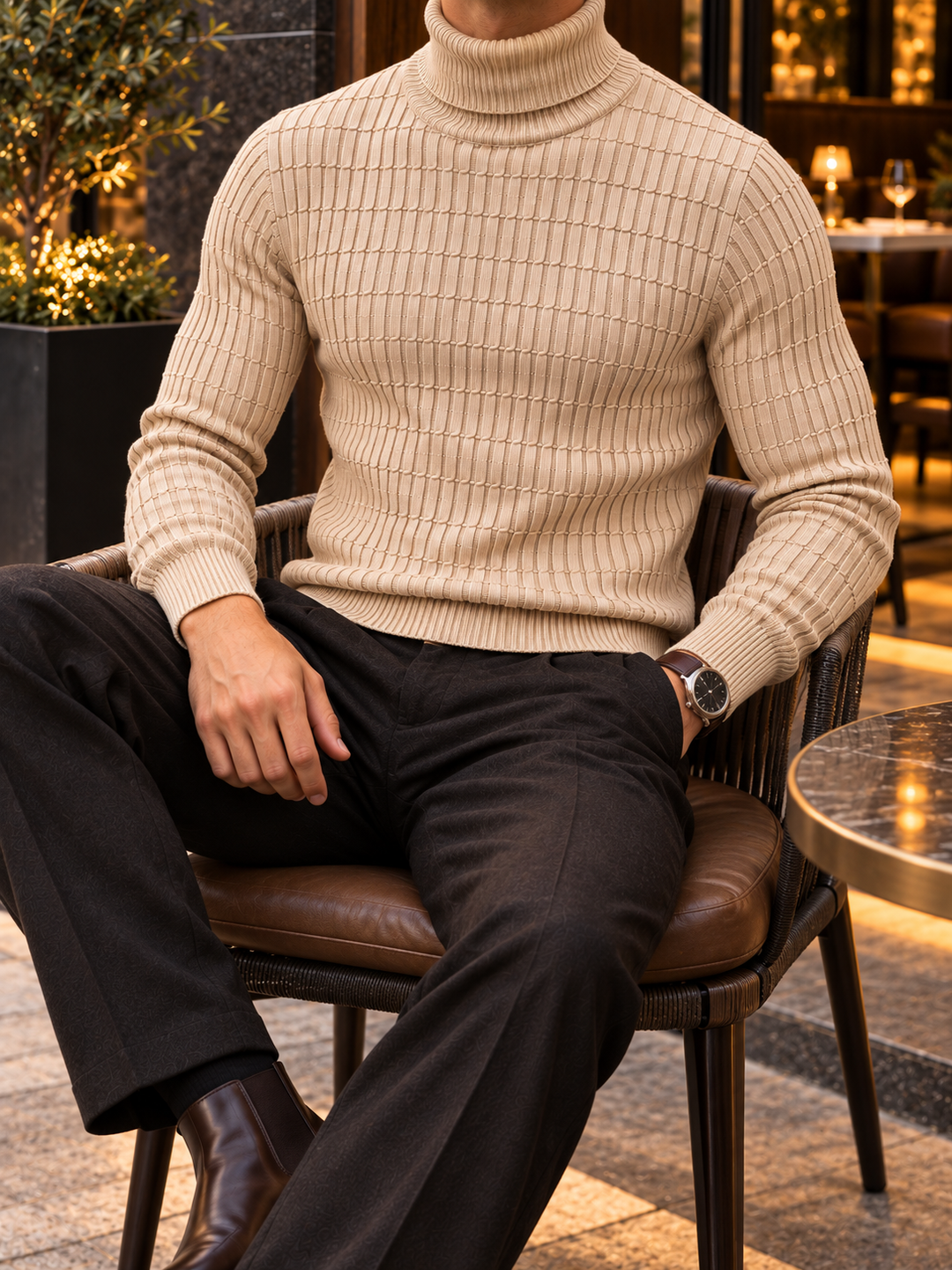 Pull Col Roulé Homme Côtes Verticales En Maille