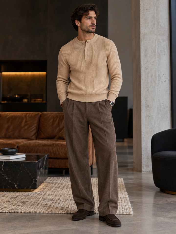 Maglione da uomo in maglia a coste con colletto abbottonato e maniche lunghe
