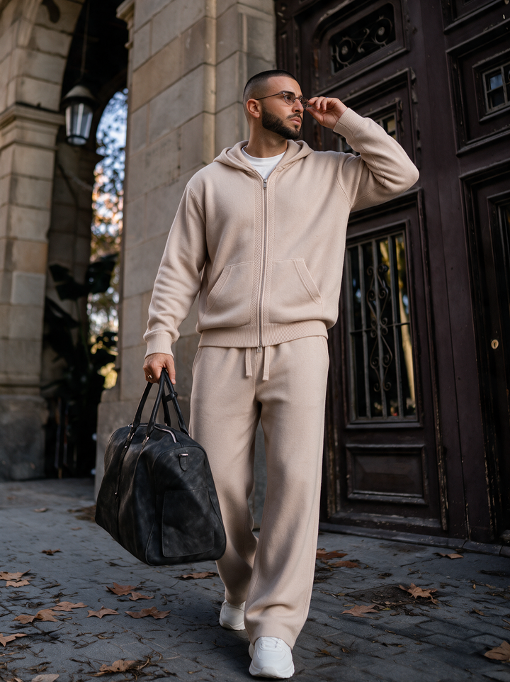 Ensemble Maille Homme Capuche Tricotée Zip Intégral Et Pantalon Droit