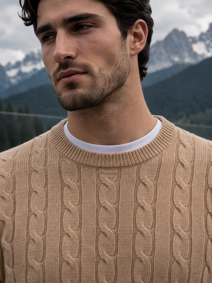 Maglione da uomo in maglia a trecce con girocollo e bordi a coste