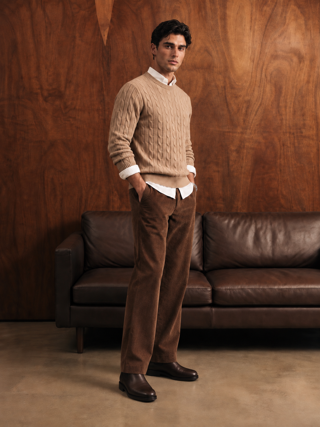 Maglione da uomo in maglia a trecce con girocollo e bordi a coste