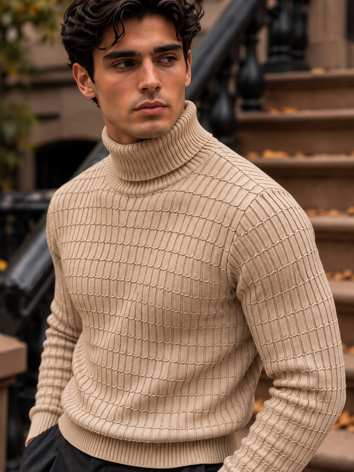 Pull Col Roulé Homme Côtes Verticales En Maille
