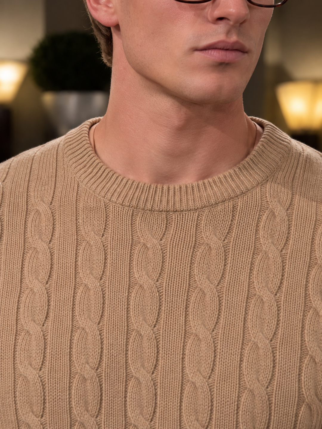 Maglione da uomo in maglia a trecce con girocollo e bordi a coste