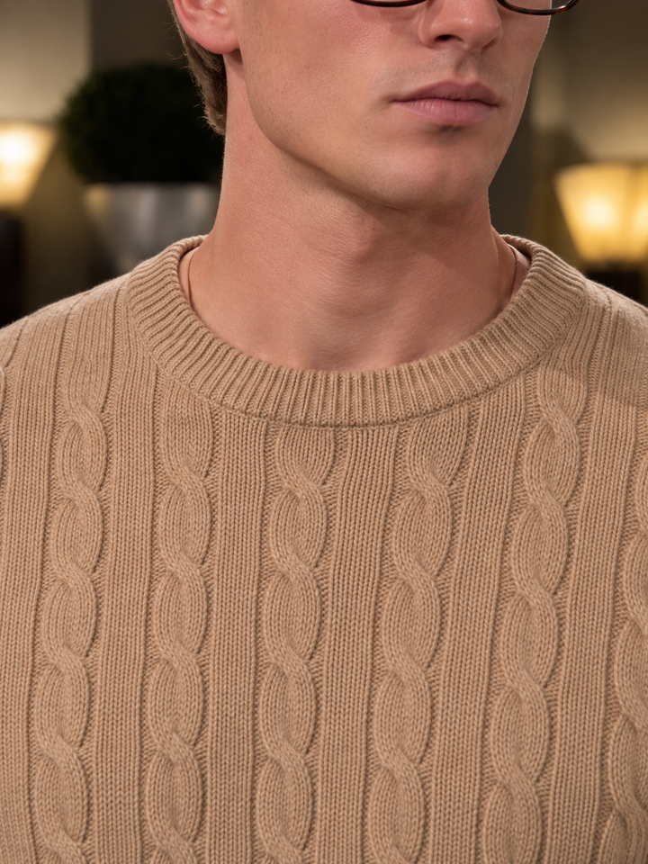 Maglione da uomo in maglia a trecce con girocollo e bordi a coste