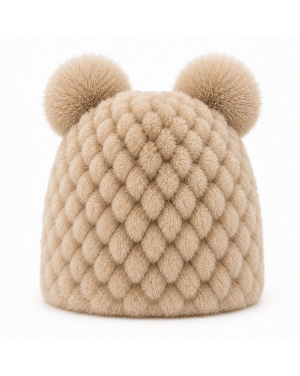 Bonnet de Ski Femme en Fourrure Synthétique Tricoté à Double Pompon