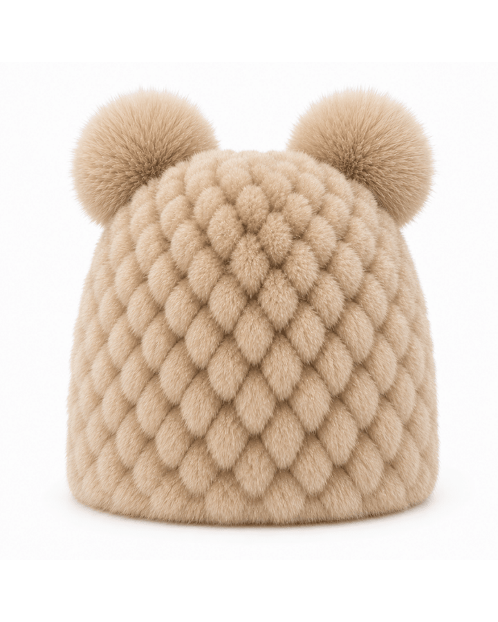 Bonnet de Ski Femme en Fourrure Synthétique Tricoté à Double Pompon
