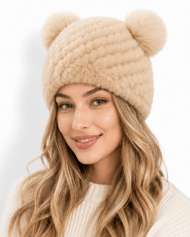 Bonnet de Ski Femme en Fourrure Synthétique Tricoté à Double Pompon
