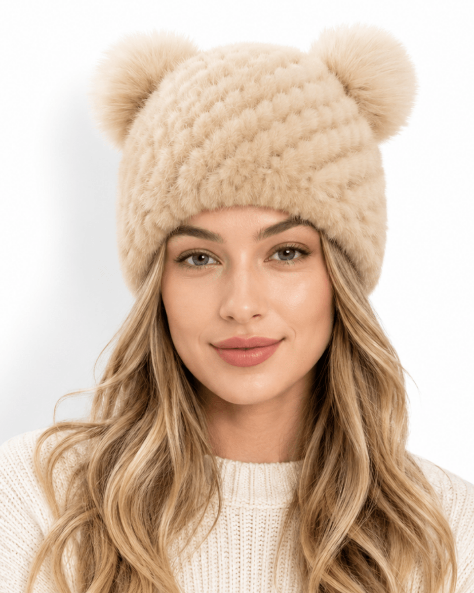 Bonnet de Ski Femme en Fourrure Synthétique Tricoté à Double Pompon