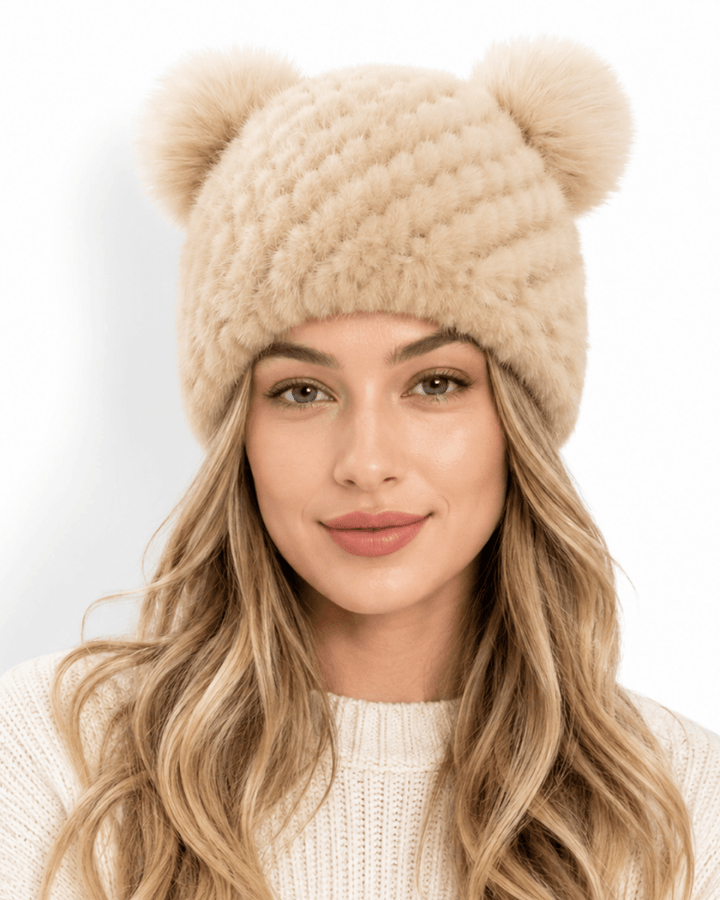 Bonnet de Ski Femme en Fourrure Synthétique Tricoté à Double Pompon