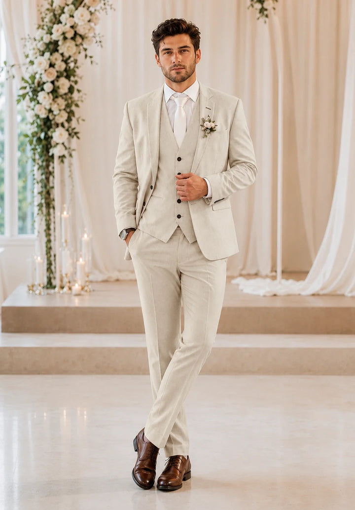 Men's Slim-Fit Three-Piece Suit in a Linen Blend with Notch Lapel and Five-Button Vest
