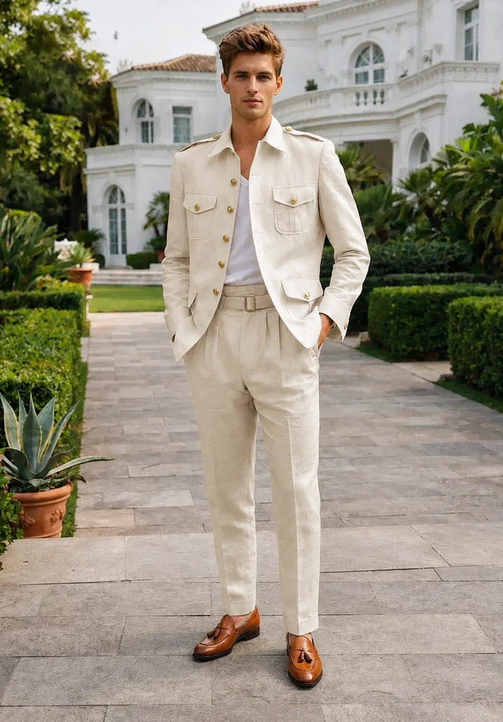 Costume Deux Pièces Homme Coupe Moderne en Mélange de Lin avec Veste Saharienne et Pantalon Plissé