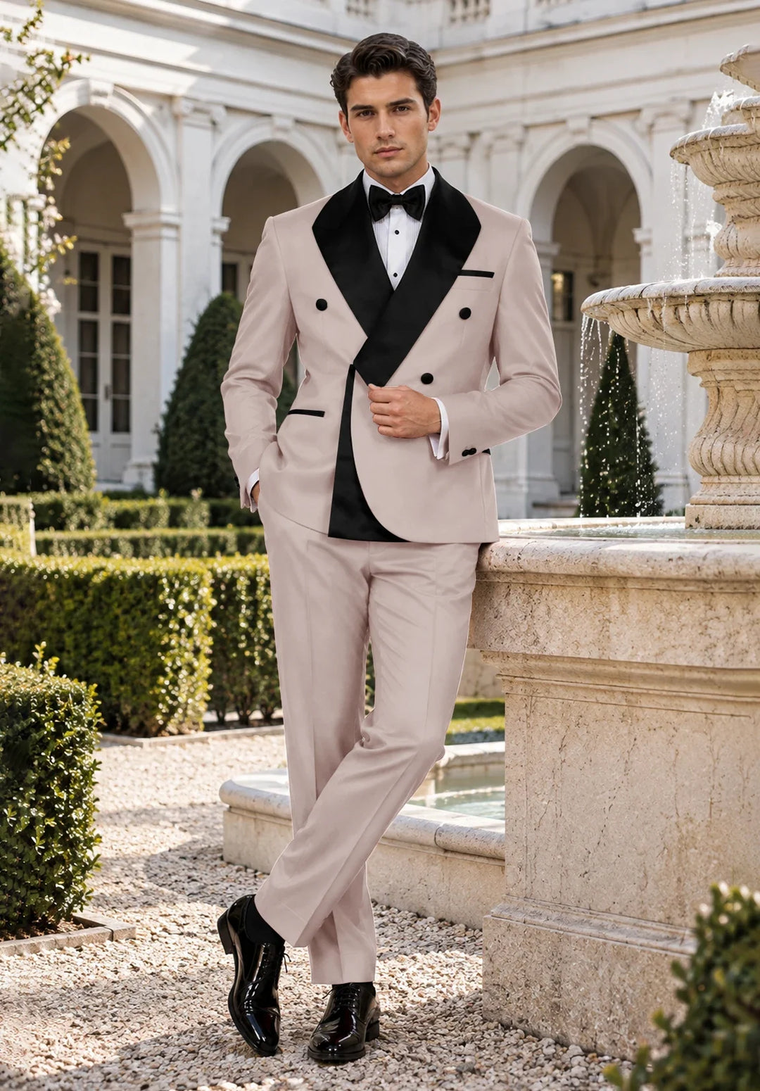 Men's Slim-Fit Double-Breasted Two-Piece Tuxedo Suit with Contrasting Lapel