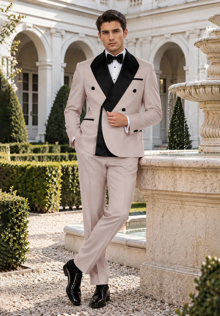 Men's Slim-Fit Double-Breasted Two-Piece Tuxedo Suit with Contrasting Lapel