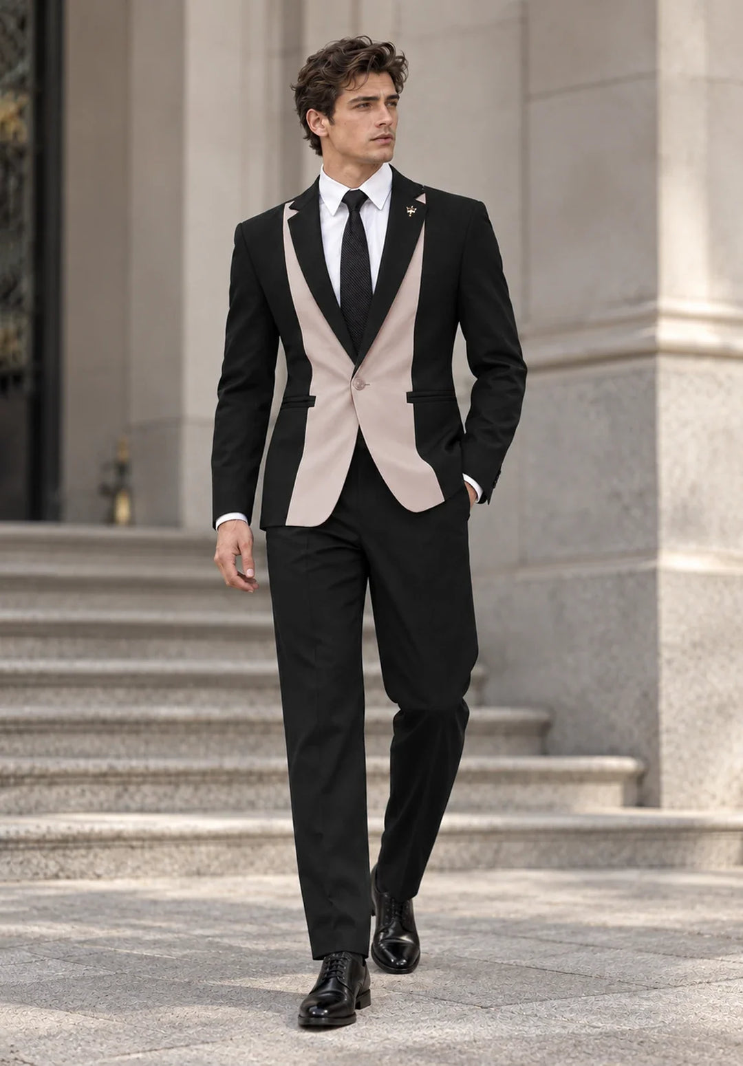 Costume Deux Pièces Homme Coupe Slim avec Design à Panneaux Contrastants et Col Peak