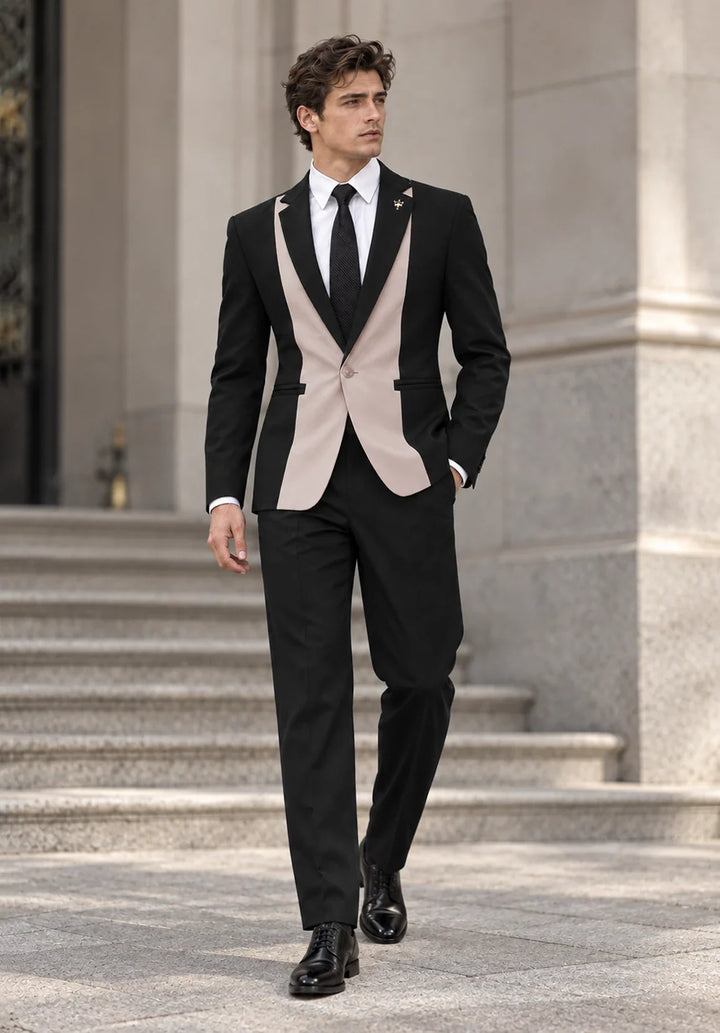 Costume Deux Pièces Homme Coupe Slim avec Design à Panneaux Contrastants et Col Peak