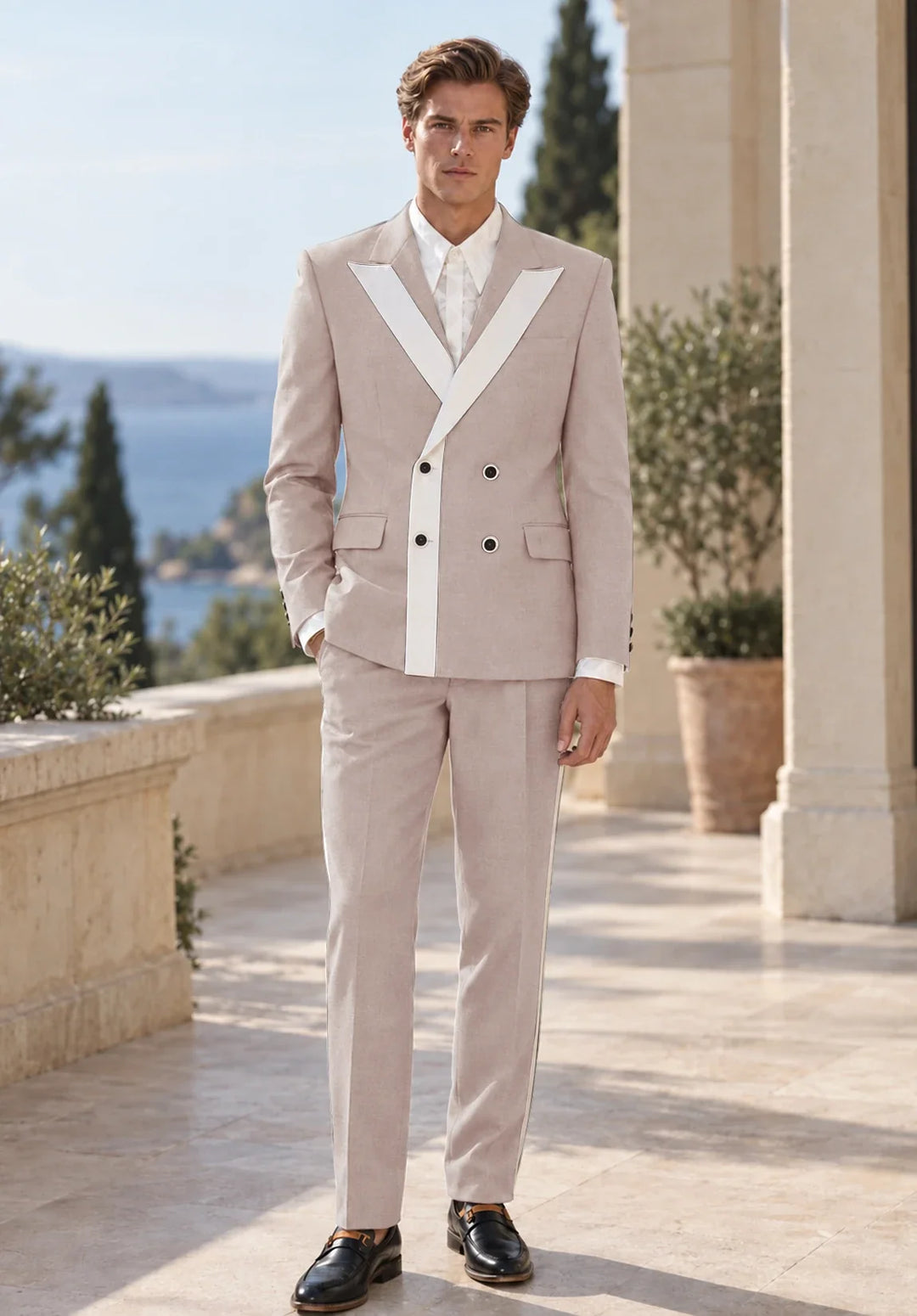 Costume Deux Pièces Homme Coupe Slim avec Panneau Contrastant en V et Deux Boutons
