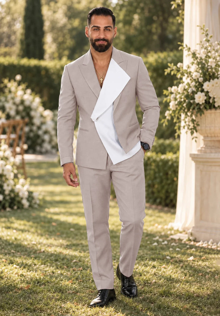 Costume Deux Pièces Homme Coupe Regular avec Panneau Blanc Asymétrique et Col Châle