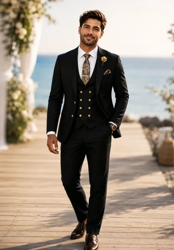 Costume Trois Pièces Homme Coupe Slim avec Col Notch et Gilet Croisé