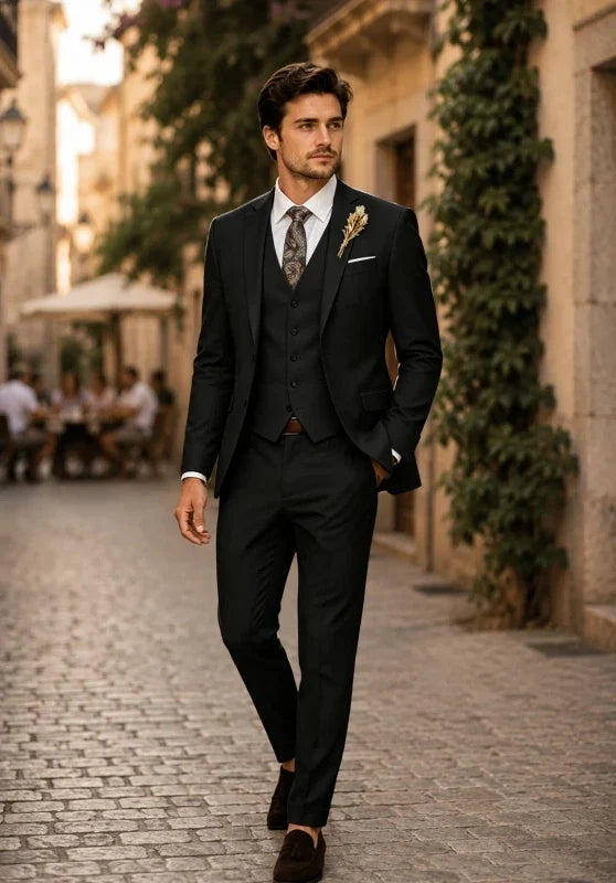 Costume Trois Pièces Homme Coupe Slim avec Col Notch et Gilet Col V