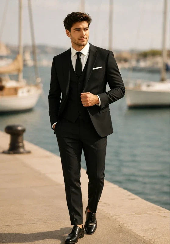Costume Trois Pièces Homme Coupe Ajustée avec Col Notch et Gilet Col V