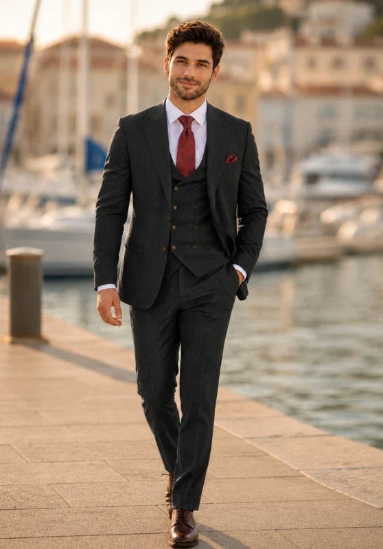 Costume Trois Pièces Homme Coupe Classique avec Col Notch et Gilet Six Boutons
