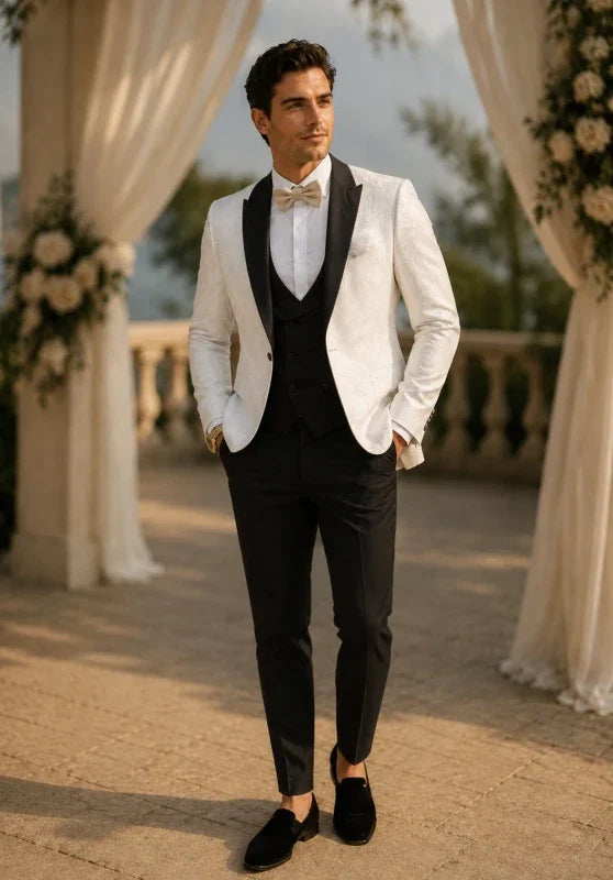 Costume Trois Pièces Homme Coupe Slim en Jacquard avec Col Notch et Gilet Cinq Boutons