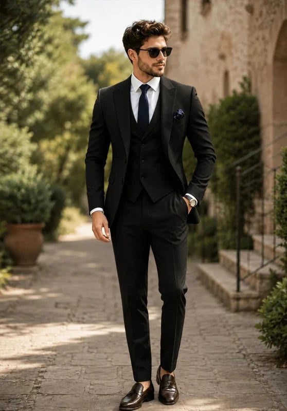 Heren driedelig pak met slim fit, met contrasterende revers en een gilet met knopen