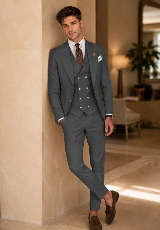Costume Trois Pièces Homme Coupe Slim Infroissable avec Col Notch et Gilet Cinq Boutons