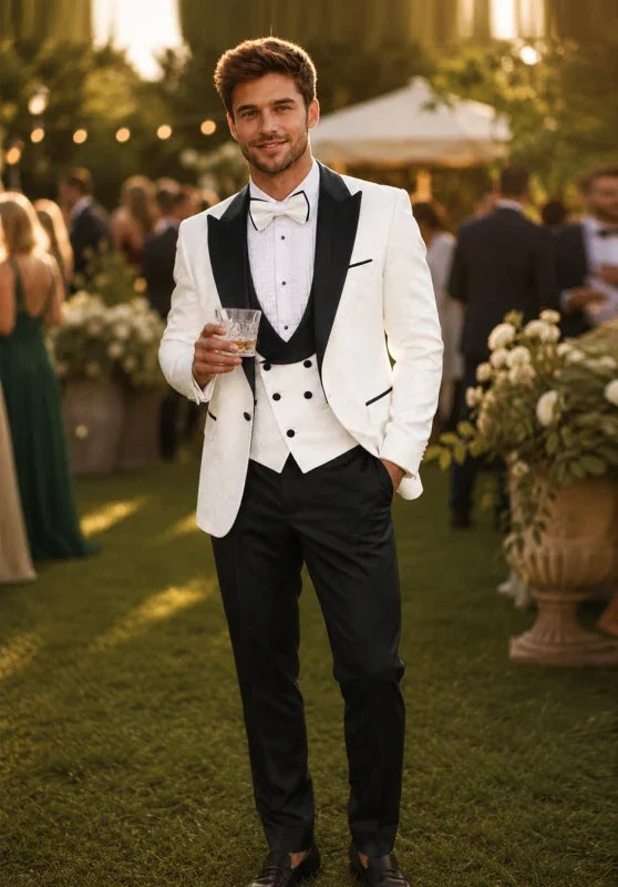 Costume Trois Pièces Homme Coupe Slim avec Col Contrastant et Gilet Croisé