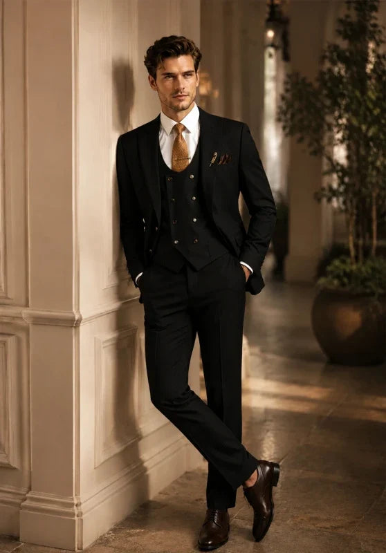 Costume Trois Pièces Homme Coupe Slim Élégant avec Col Peak et Gilet Croisé