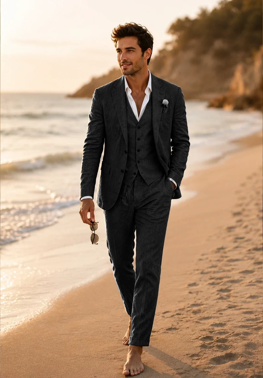 Costume Trois Pièces Homme Coupe Slim en Lin Respirant avec Col Notch et Gilet Six Boutons