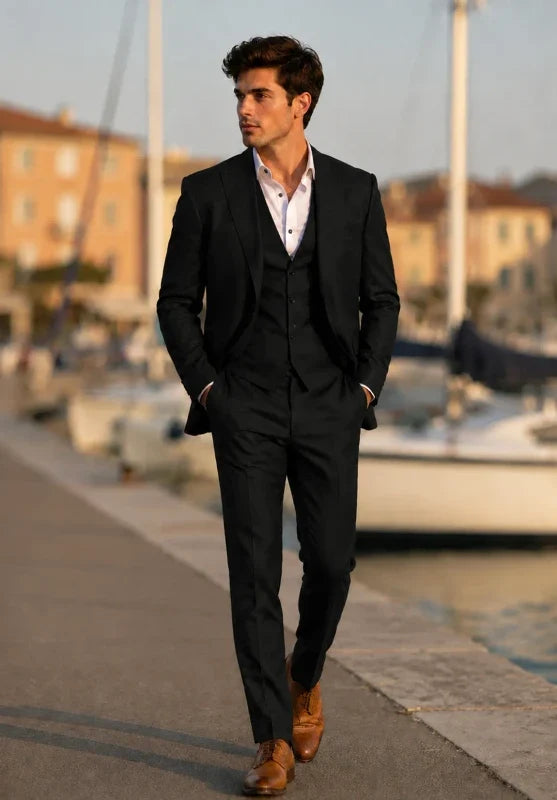 Costume Trois Pièces Homme Coupe Slim avec Col Notch et Gilet Cinq Boutons
