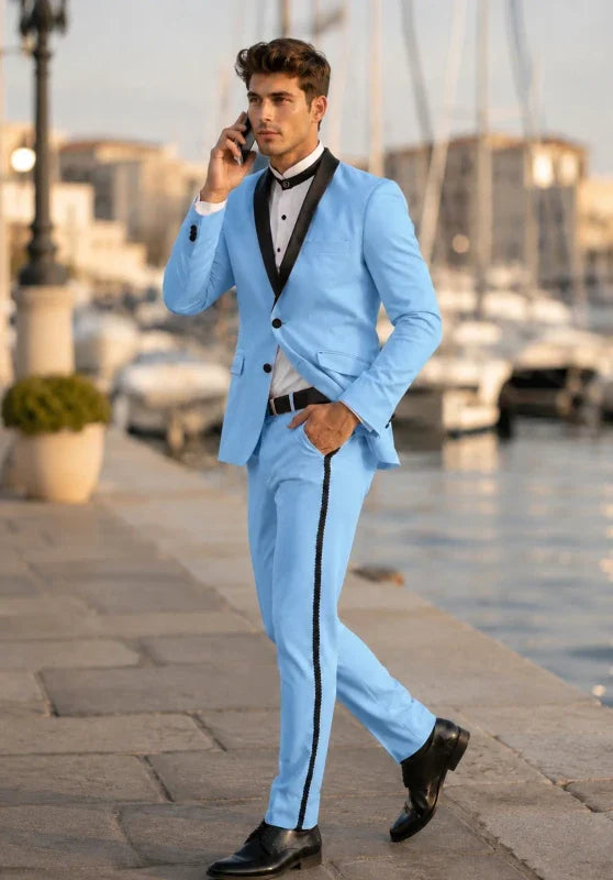 Esmoquin de dos piezas para hombre, corte ajustado, con solapa de chal en contraste y pantalón con banda lateral