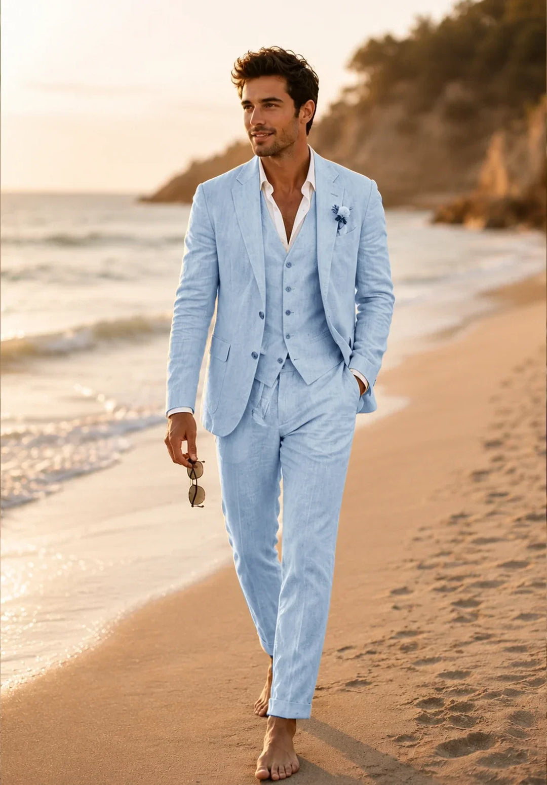 Costume Trois Pièces Homme Coupe Slim en Lin Respirant avec Col Notch et Gilet Six Boutons