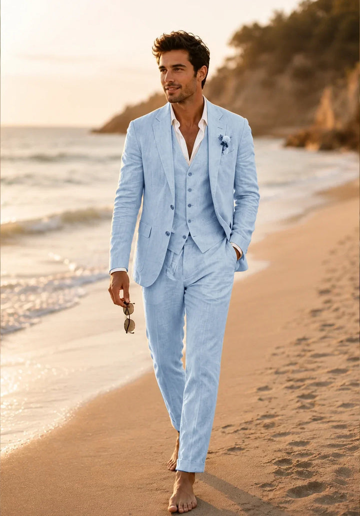 Costume Trois Pièces Homme Coupe Slim en Lin Respirant avec Col Notch et Gilet Six Boutons