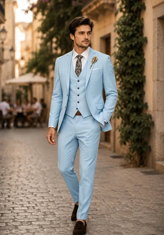 Costume Trois Pièces Homme Coupe Slim avec Col Notch et Gilet Col V