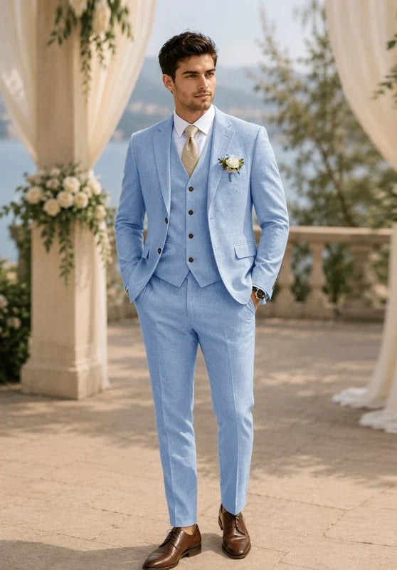 Costume Trois Pièces Homme Coupe Regular en Lin Respirant avec Col Notch et Gilet Cinq Boutons
