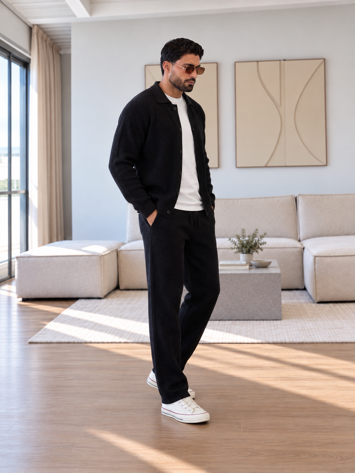 Ensemble Maille Homme Veste Boutonnée Col Côtelé Et Pantalon Droit