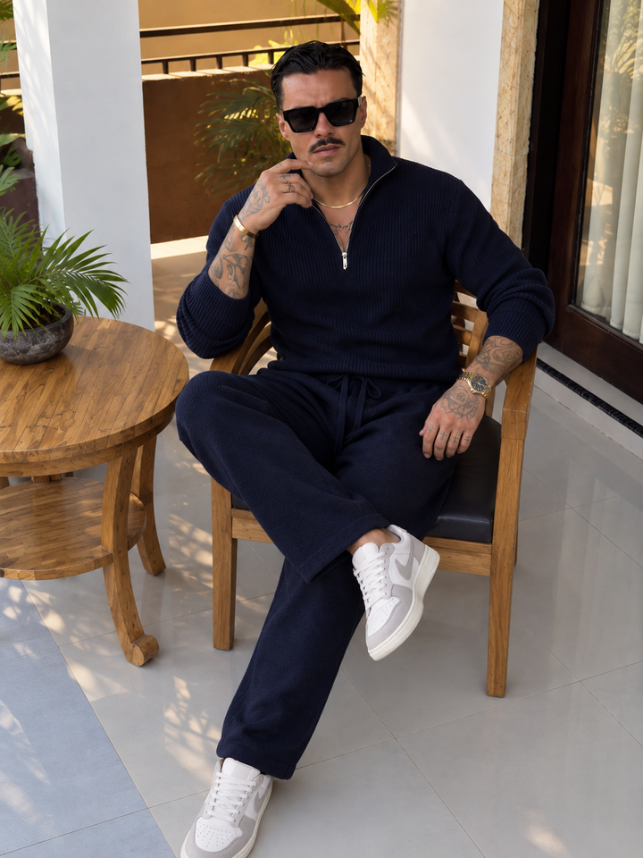 Ensemble En Maille Homme Demi Zip Col Montant Et Pantalon