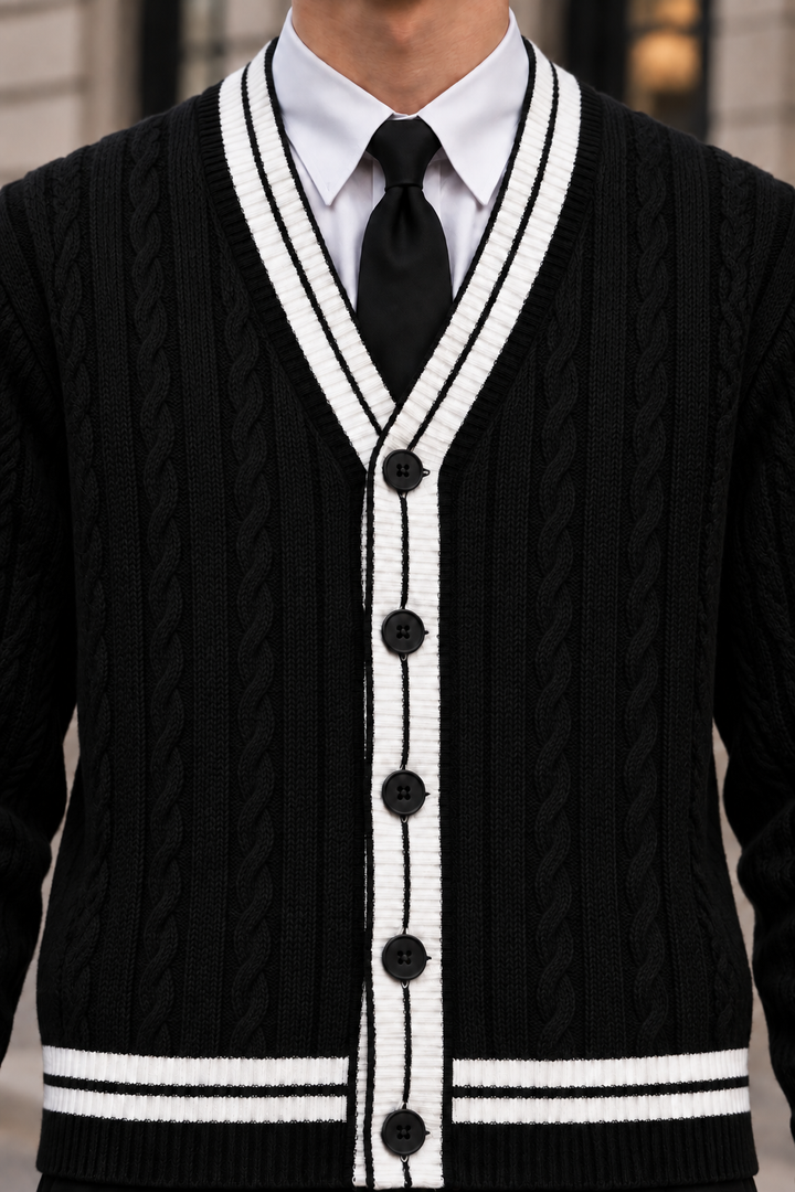 Men's V-Neck Button-Front Cardigan with Contrast Trim and Ribbed Hem