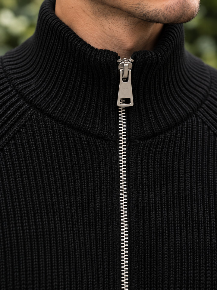 Cardigan Homme Maille Zip Intégral Col Montant Et Bords Côtelés