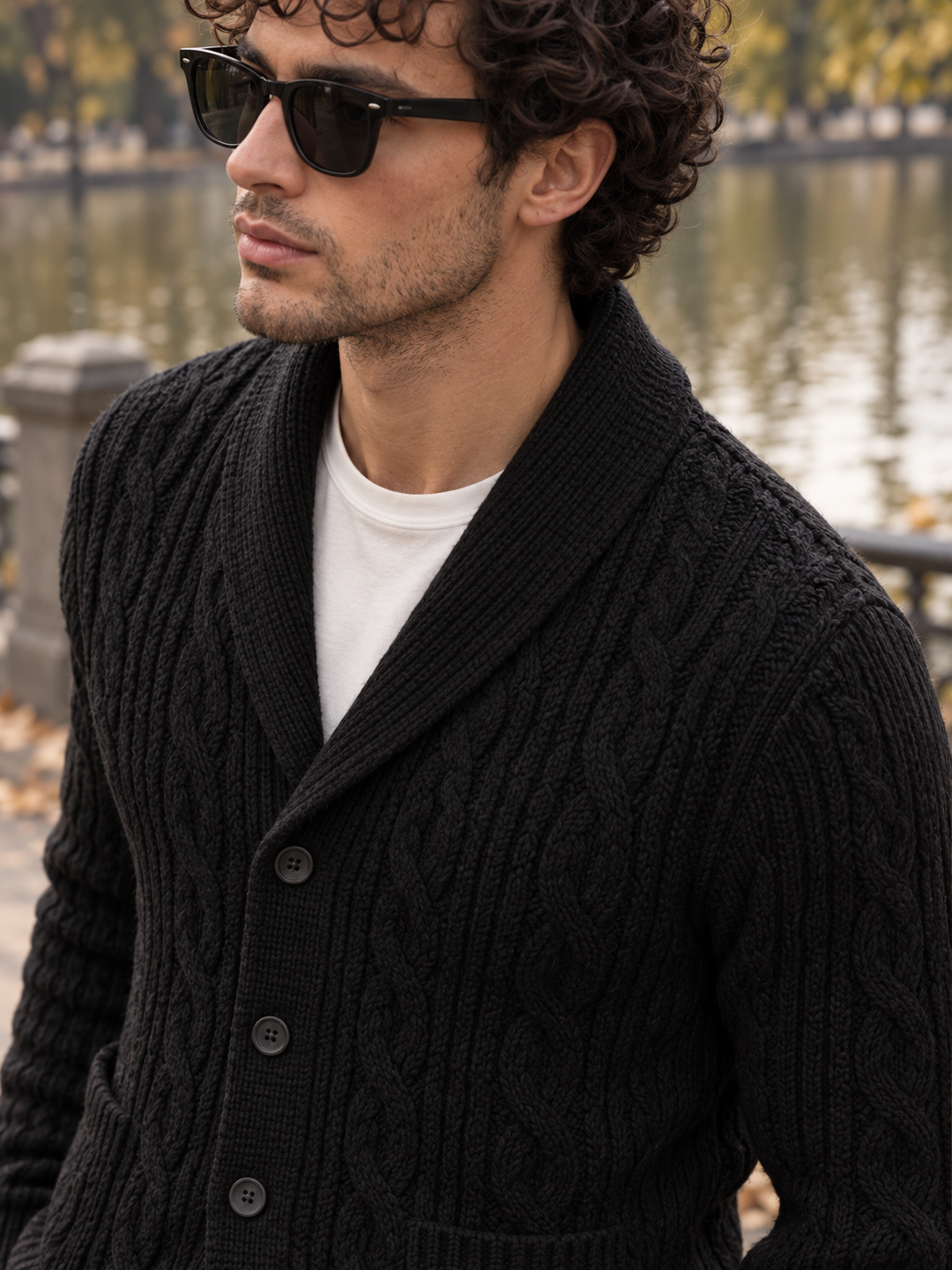 Men's cable-knit shawl-collar cardigan
