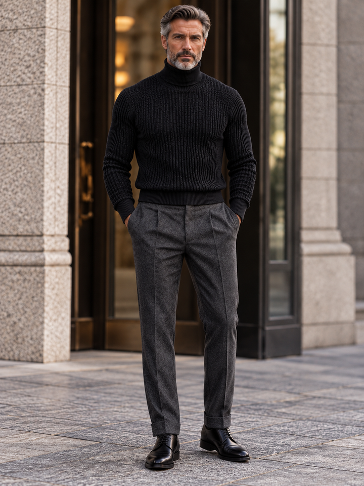 Pull Col Roulé Homme Côtes Verticales En Maille