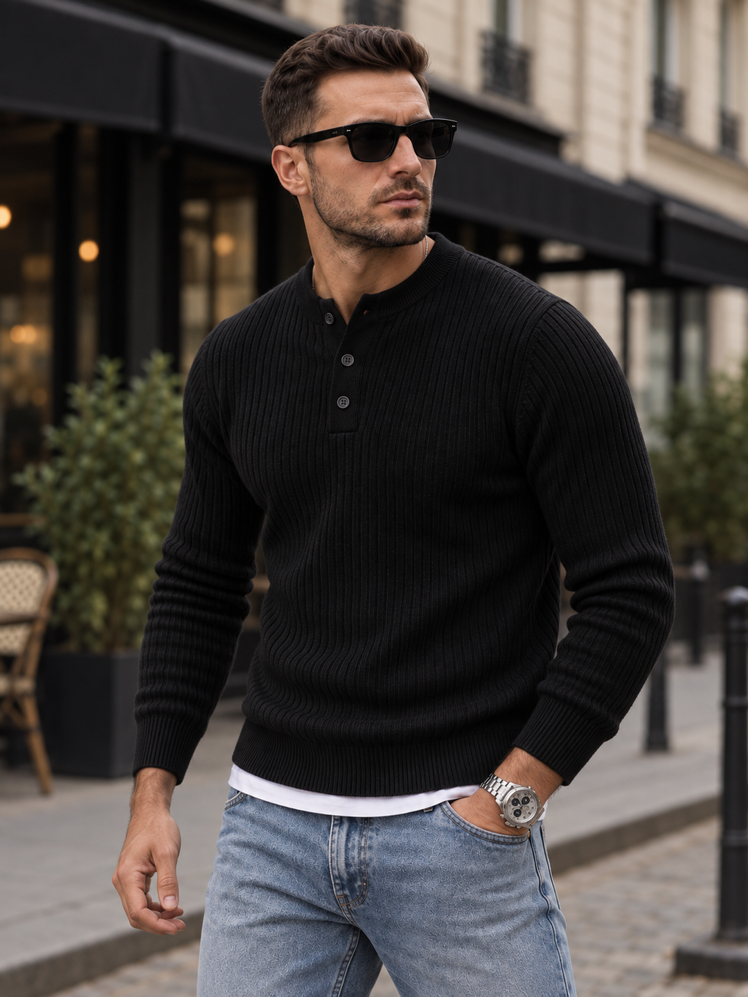 Maglione da uomo in maglia a coste con colletto abbottonato e maniche lunghe