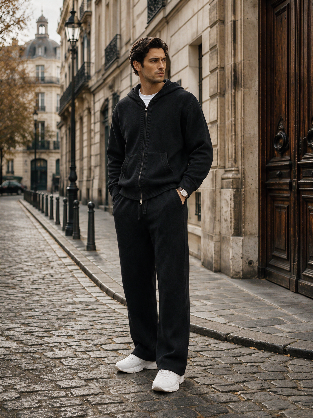 Ensemble Maille Homme Capuche Tricotée Zip Intégral Et Pantalon Droit