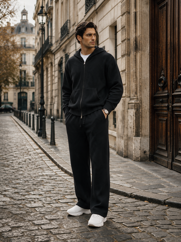 Ensemble Maille Homme Capuche Tricotée Zip Intégral Et Pantalon Droit