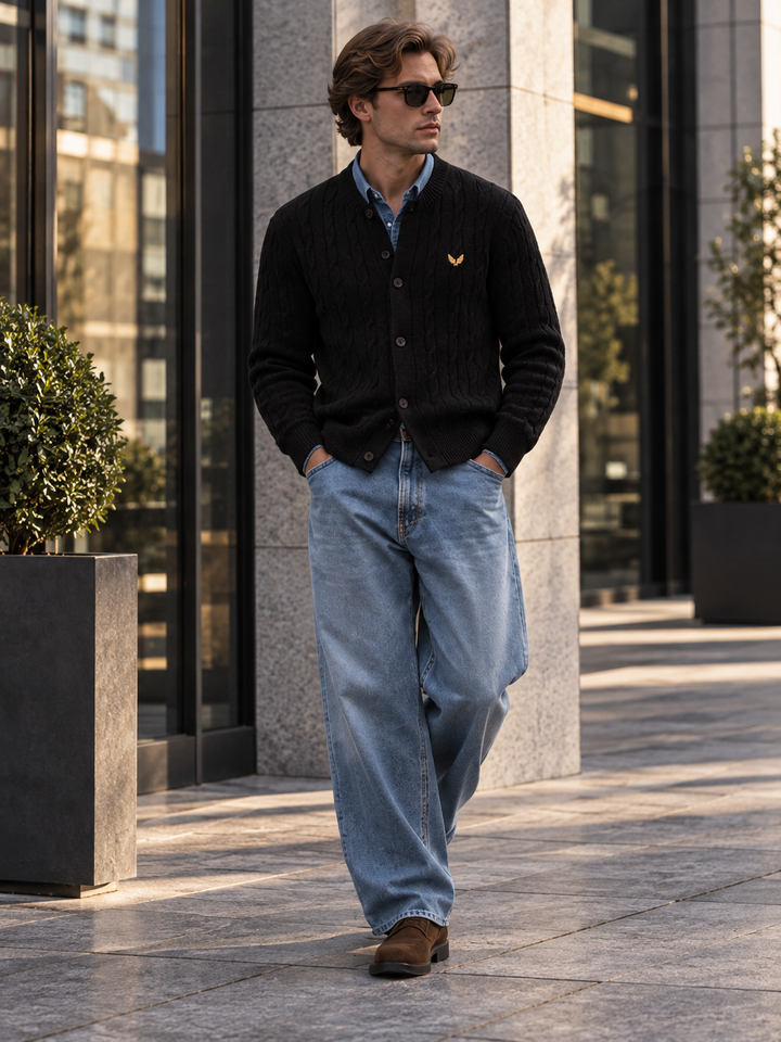 Cardigan da uomo abbottonato in maglia intrecciata
