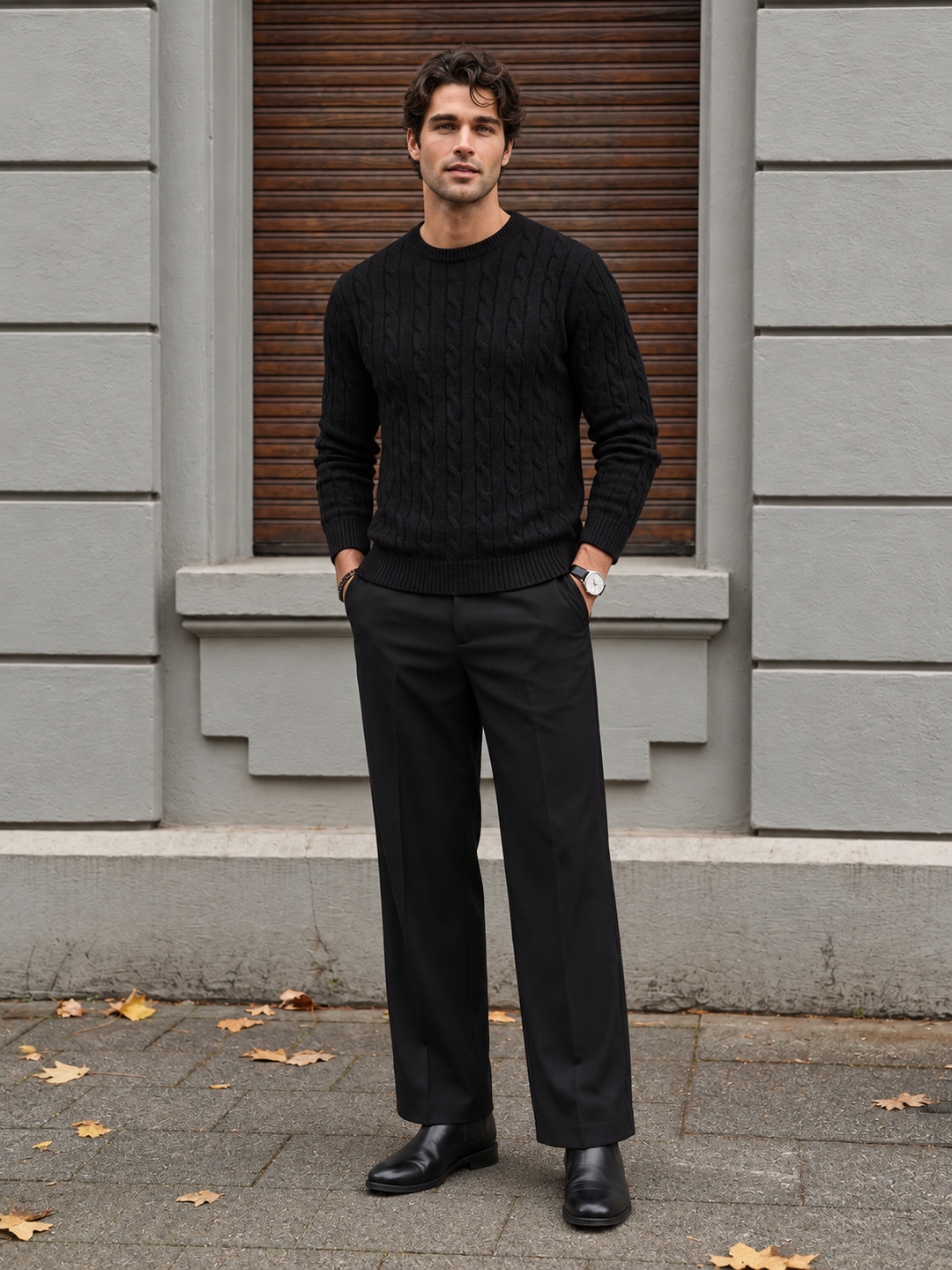 Maglione da uomo in maglia a trecce con girocollo e bordi a coste